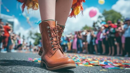 Boots in a pride parade filled with confetti.