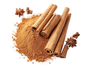 Cinnamon sticks and powder spices for cooking culinary arts home view isolated on transparent background