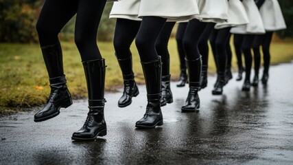Irish dancers in formation with black boots.
