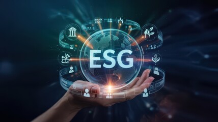 A hand holds a digital globe displaying ESG indicators.