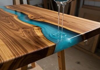 Stunning river table creation in progress Turquoise resin flows smoothly into rich wood grain. A masterpiece unfolds