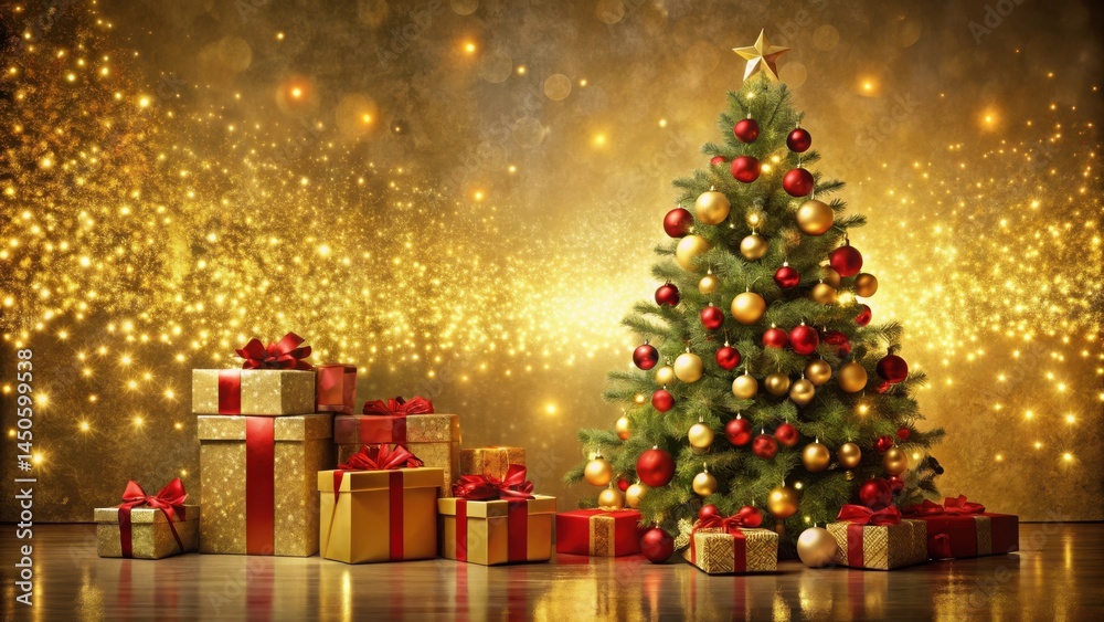 Poster a festive christmas tree adorned with red and gold ornaments and surrounded by sparkling gifts again