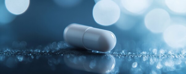 Sleek white capsule on minimalist blue background symbolizing pharmaceutical innovation for weight management, modern healthcare and medical treatment concept.