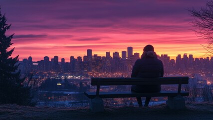 Woman on bench viewing cityscape at twilight