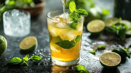 Mojito drink being poured with ice and mint.