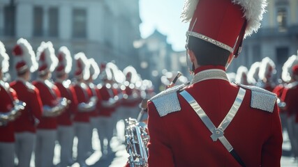 Marching band performs in the city street