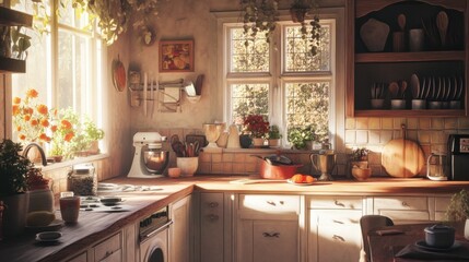 Warm, sunlit kitchen interior with rustic charm.