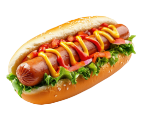 Savoring delicious hot dog with mustard and ketchup food stall isolated on transparent background