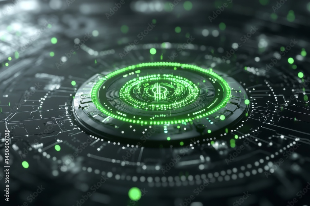 Aufkleber A green circular virus icon surrounded by futuristic digital interface elements, with white and blue data points in the background.