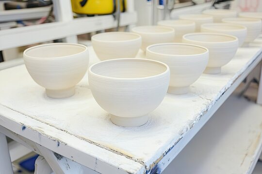 Rows of unpainted ceramic bowls on a white table