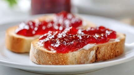Close-up of two slices of bread with glossy red jam served on a white plate.