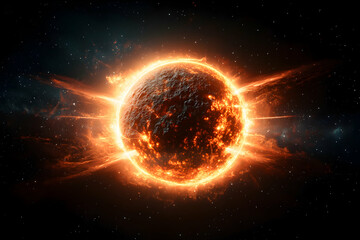 Obraz premium An artistic depiction of a fiery sun in deep space. Use this for sci-fi game backgrounds space-themed artwork or wallpapers. It evokes cosmic awe.