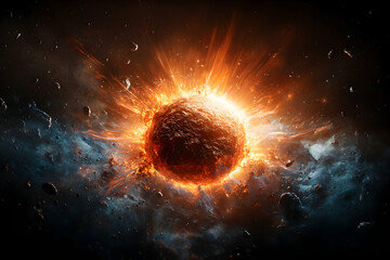 A celestial event shows a planet exploding in space. This image is great for sci-fi stories and cosmic themed artwork. Use it for book covers or posters.