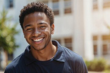 Portrait of happy young black guy student in blue t-shirt on blurred background of College building on sunny day and looking at camera