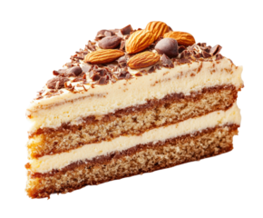 Delicious chocolate almond cake slice bakery display food isolated on transparent background