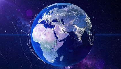 Fototapeta premium A vibrant blue Earth floats in the vastness of space, surrounded by twinkling stars and intricate constellations, creating a mesmerizing cosmic scene.