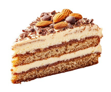 Delicious chocolate almond cake slice bakery display food isolated on transparent background