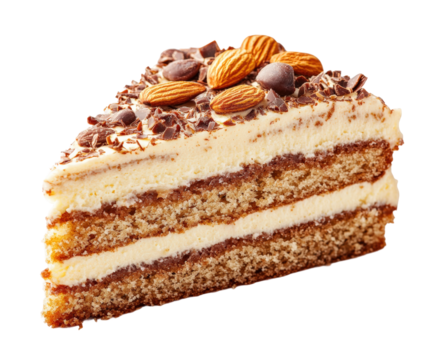 Delicious chocolate almond cake slice bakery display food isolated on transparent background