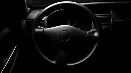 Black and white image of a car steering wheel and dashboard interior.