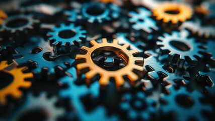 Interlocking blue and yellow gears symbolize teamwork