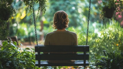 Woman sits on a swing, in a lush garden setting