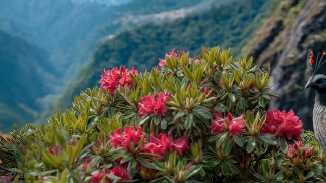 Himalayan Monal stands perched among red rhododendron flowers in a mountain landscape with green trees and rocky terrain.