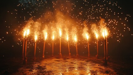 Burning torches with flames, set on a reflective surface