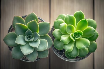 Two echeveria succulents in glass pots on wood