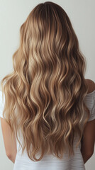 Fototapeta premium View from behind of a woman with dark blonde hair styled in soft natural waves, mid-back length, texture-rich and voluminous. 