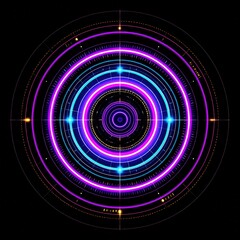 A vibrant circle illuminated by colorful neon lights, casting a radiant glow in the center, creating an eye-catching focal point against a dark background.
