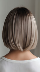 Naklejka premium Back view of a woman with dark blonde bob cut, sleek and chin-length, clean lines and shine. Simple white background with soft lighting. 