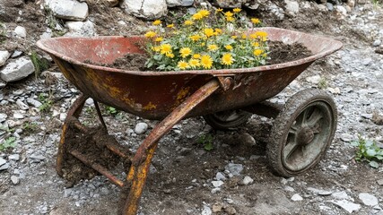 Rustic wheelbarrow with vibrant yellow flowers