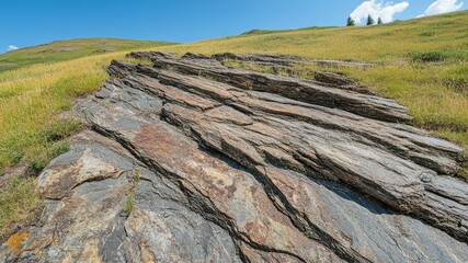 Rocky outcrop with layered strata on mountain