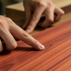 Close-up of fingers delicately tracing rich mahogany wood grain, showcasing texture and craftsmanship.