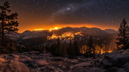 Wildfire burning through forest at night. Scenic.