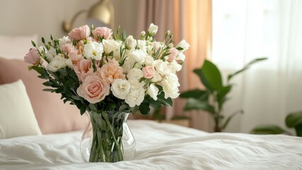 Beautiful flower bouquet on a bed, home decor