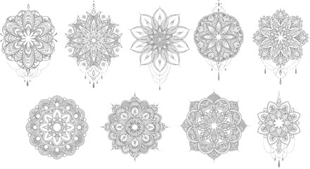 Intricate Grey Mandala Designs: Floral Patterns and Dangles