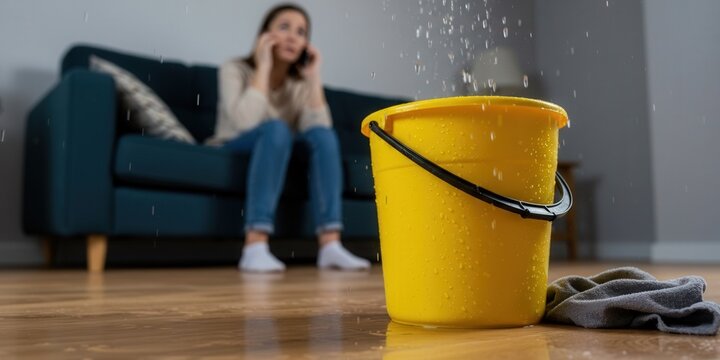 Ceiling, roof water leak at home. Woman calling for help, bucket catching dripping water with rug, household emergency, insurance risk, plumbing problem, stressful home accident scene