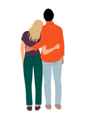 Young couple standing full length rear view. Man and woman in smart casual clothes from behind, turned back. Cartoon Characters backside. Vector realistic illustration isolated on white background