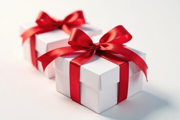 Obraz premium Elegant red ribbon tied gift boxes on white background, wrapping, joyful