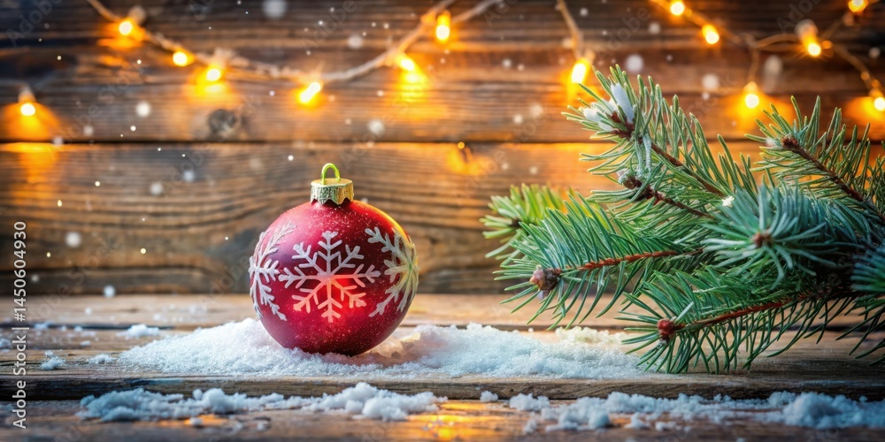 Poster A Red Christmas Ornament with Snowflake Design on a Snowy Wooden Table Decorated with String Lights and Pine Branch