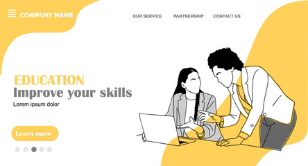 Fototapeta na wymiar Staff education, business coaching, improving professional skills, mentorship concept landing page. Website template. Flat graphic outline vector illustration in yellow and black colors.