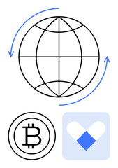 Globe wrapped by arrows, Bitcoin symbol, and blockchain-inspired icon emphasizing global digital exchange. Ideal for finance, cryptocurrency, technology, globalization, blockchain, data flow