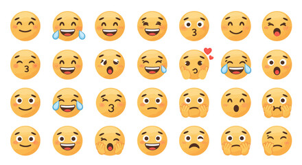 Twelve expressive yellow emoji faces displaying a range of emotions and reactions
