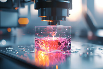 A close-up shot of a futuristic laboratory experiment involving a liquid substance reacting with a precision instrument. Suggests advanced scientific research or technology.