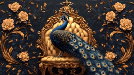 Opulent Peacock Perched on Gilded Chair, Regal Bird with Plumage Displayed Elegantly, Floral Ornamentation and Baroque Style, on a transparent background, PNG image, PNG file.