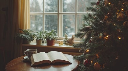 Open book, Christmas tree, and coffee cup on a table, cozy morning vibes, holiday season, winter morning, relaxing ritual, festive setting, book lover.