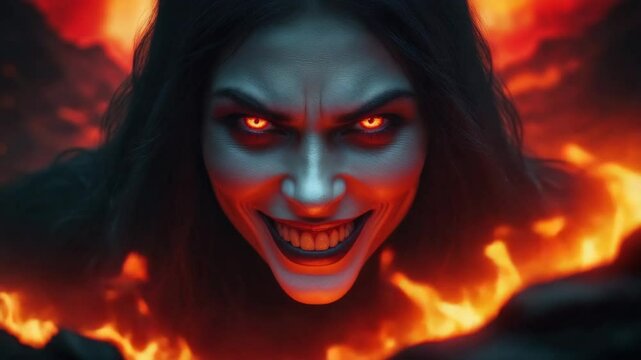Evil witch face red eyes and fire burning around , scary mood , 4K video.
