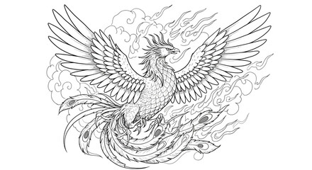 Obraz premium Majestic Phoenix Wing and Tail Feathers in Clouds, Line Art