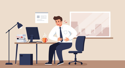 Illustration of a man at a desk with computer, lamp, books, and coffee